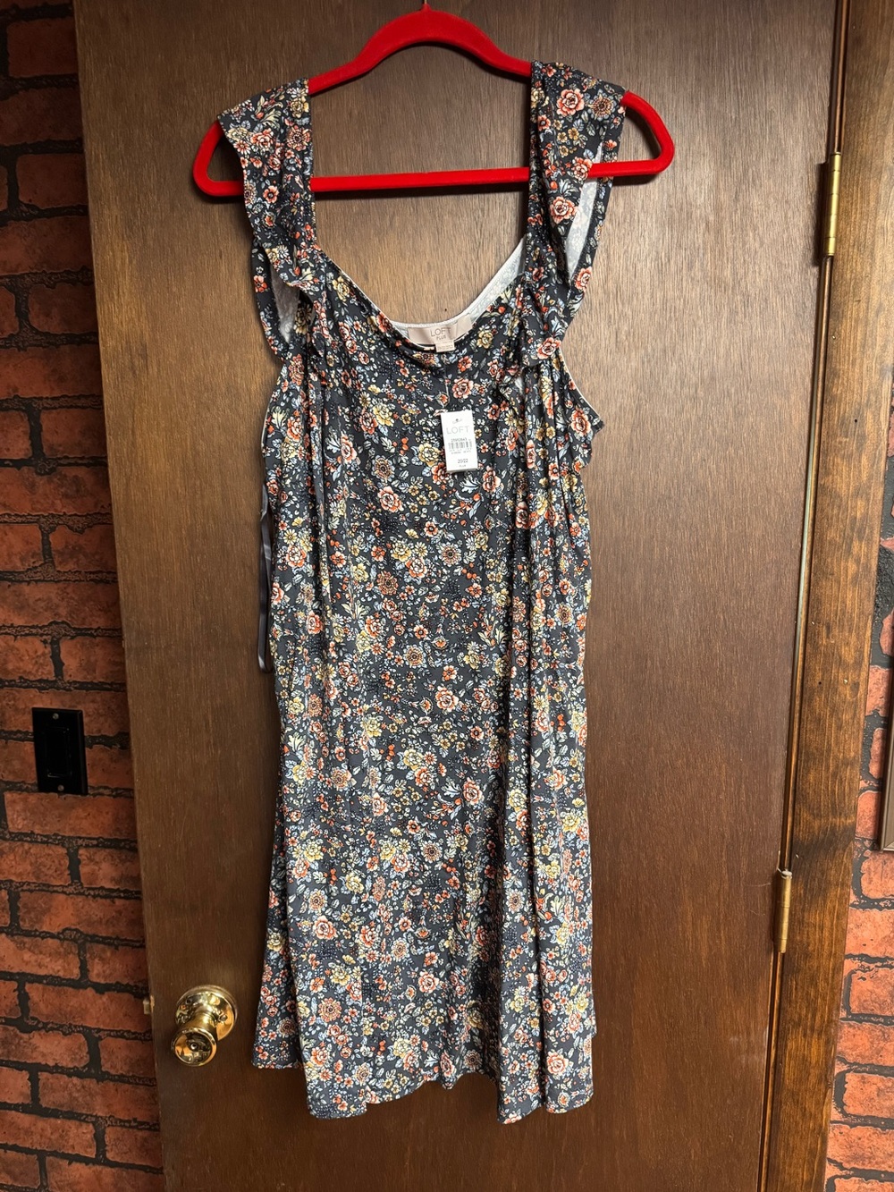 LOFT Navy Floral Ruffle-Shoulder Midi Dress